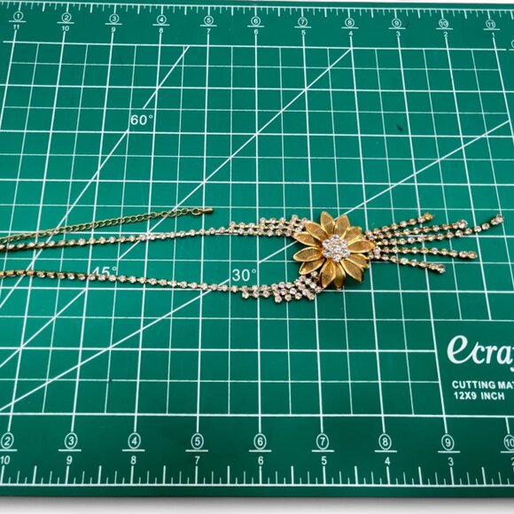 Vintage French Rhinestone Gold-Tone Sunflower Necklace with Glittery Drop - Picture 7 of 7